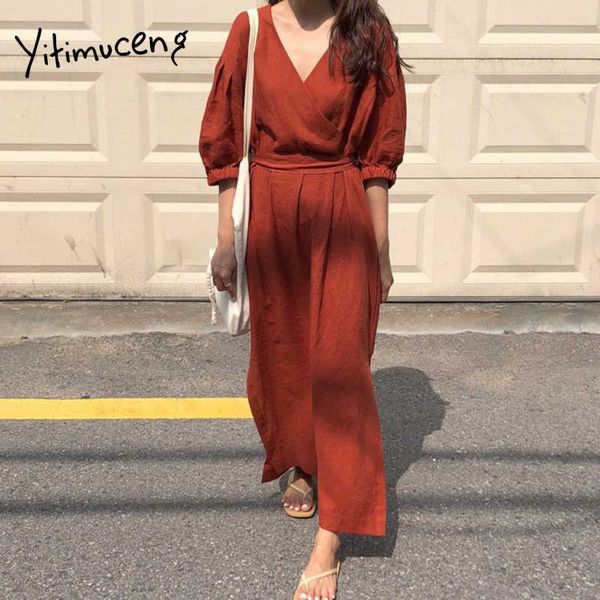

yitimuceng midi dress women summer bandage split fork elegant dresses puff sleeve high waist apricot red korean fashion 210601, Black;gray