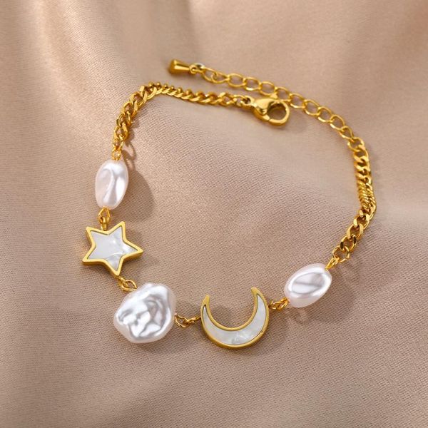 

link, chain simulated pearl bracelets for women star moon irregular bead charm bracelet engagement wedding kpop jewelry gifts, Black
