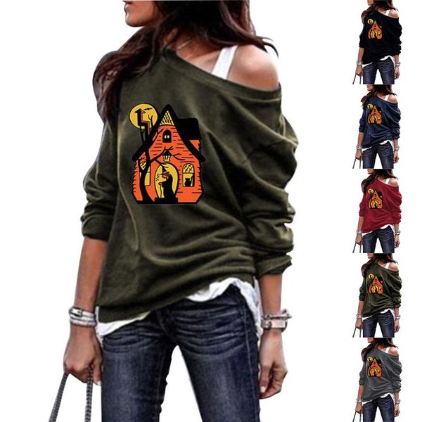 

women's hoodies & sweatshirts strapless halloween pullovers chic evil printed fashion round neck long sleeve loose casual autumn female, Black