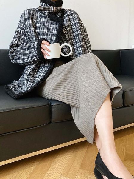 

2021 spring new a-line pleated knitted high waist long skirt femme elegant faldas jupe saia women blue skirts fw65, Black
