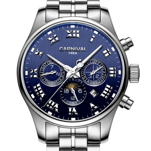 

carnival gentlemen multifunctional dial steel watch band automatic self-wind mechanical sier sign blue, Slivery;brown