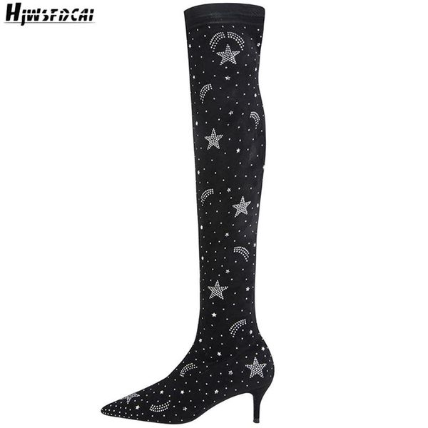 

boots hjwsfdcai winter women pointed toe rhinestone decor long plush fur warm ladies slim over the knee soft female shoes, Black