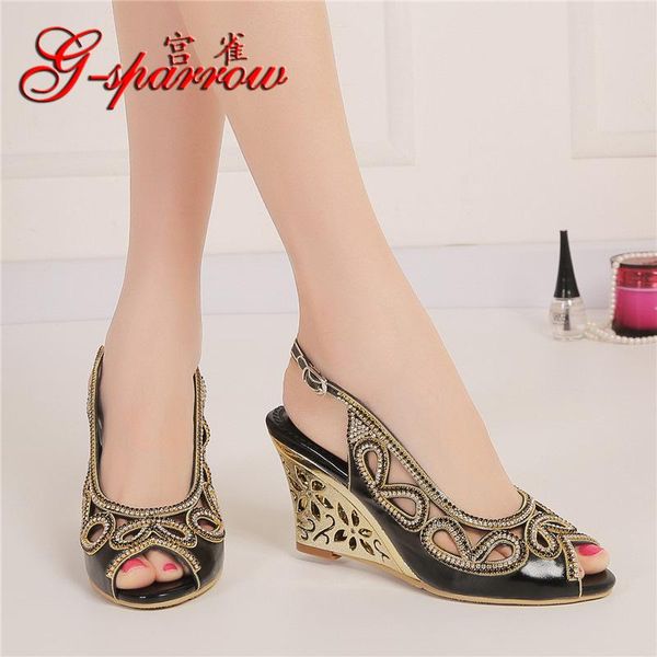 

dress shoes 2021 summer diamond fashion womens black peep toe wedges bridal sandals wedding high heels cause footwear