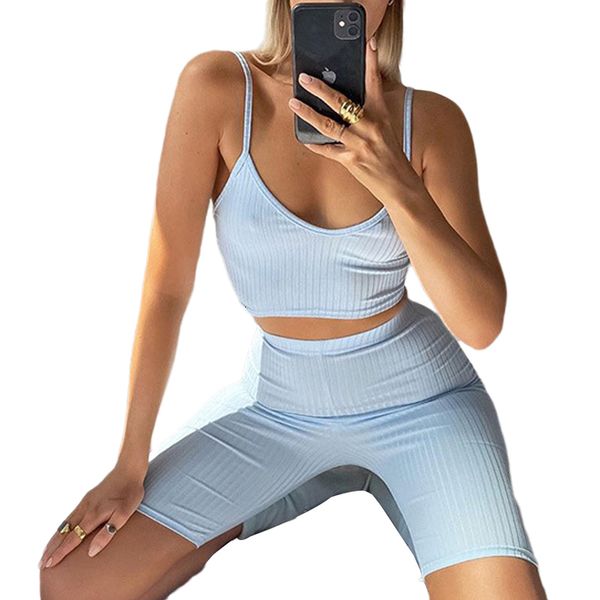 

women set effen color slender pack mouthless sling short + high tail shorts training suit streetwear clothing sets, White;black