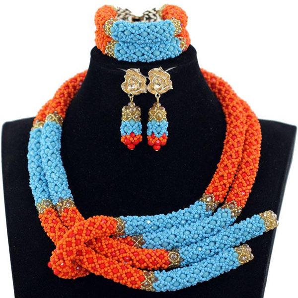 

earrings & necklace fashion orange and blue african crystal beads wedding jewelry set handmade weaving bridal qw1251, Silver