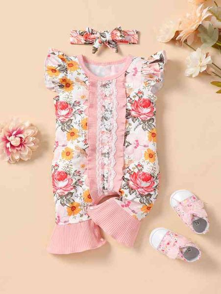 

baby floral lace insert ruffle hem jumpsuit with headband she, Blue