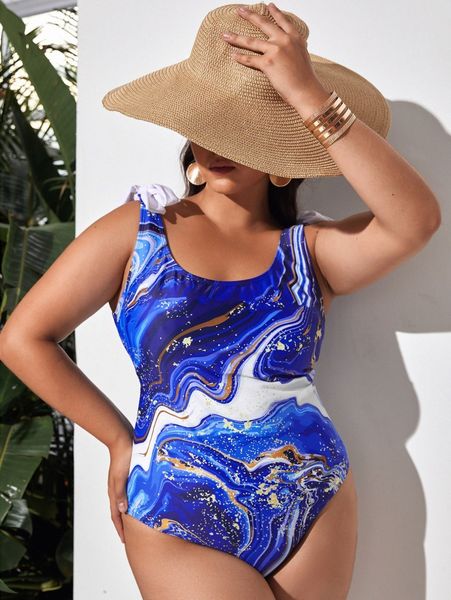 

plus marble print one piece swimsuit v7cr#, Black