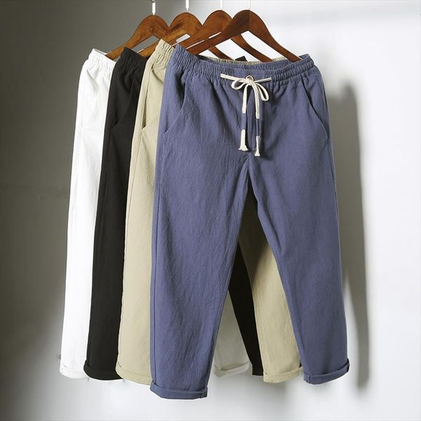 

casual linen summer ankle length women pant black trousers male solid breathable comfort streetwear pantalon