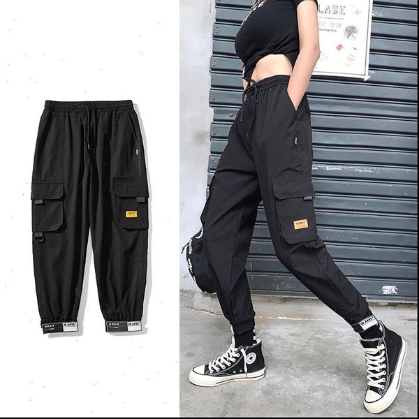 

black high waist cargo pants women casual punk pants loose streetwear pencil harajuku pants fashion hip hop female trousers, Black;white