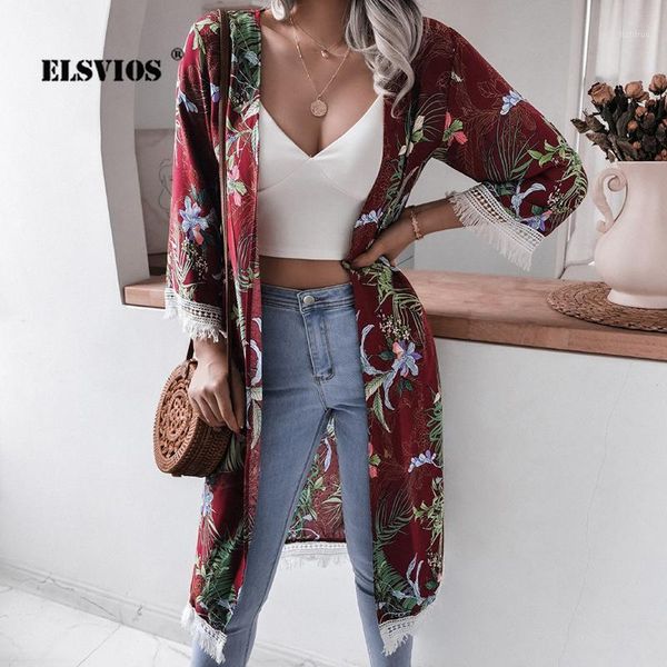 

fashion summer women fringed flared sleeves flower print cardigan blouses casual holiday beach elegant sun protection shirts women's sw, White;black