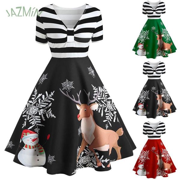 

casual dresses christmas stitching dress bow tie collar v-neck fake two-piece knee-length snowman print short-sleeved holiday clothing, Black;gray