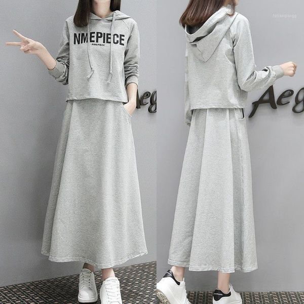 

women long sleeve split 2 piece set casual skirt hooded suit sports pieces sweatshirts tracksuit women's tracksuits, Gray