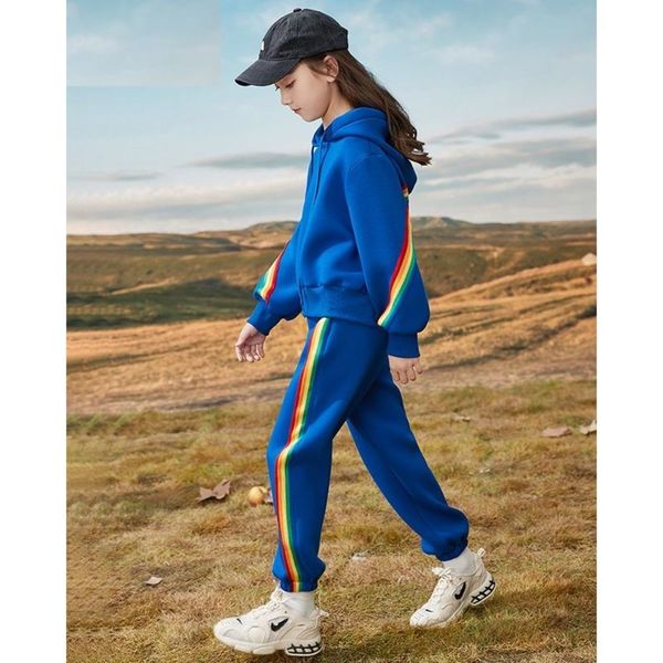

children girls clothing set 2020 autumn spring rainbow striped sports costume outfit teens kids hoodies iridescent tracksuit, White