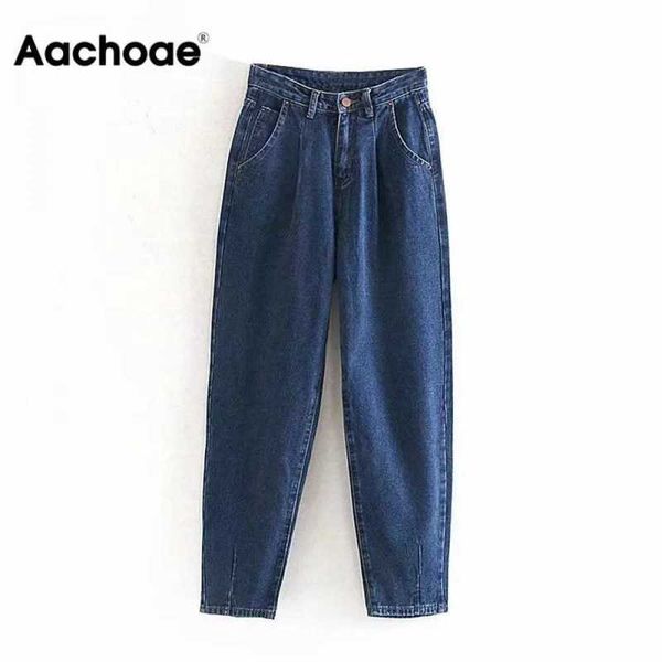 

aachoae jean loose casual harem pants boyfriends mom streetwear denim pleated trousers slouchy 210927, Blue