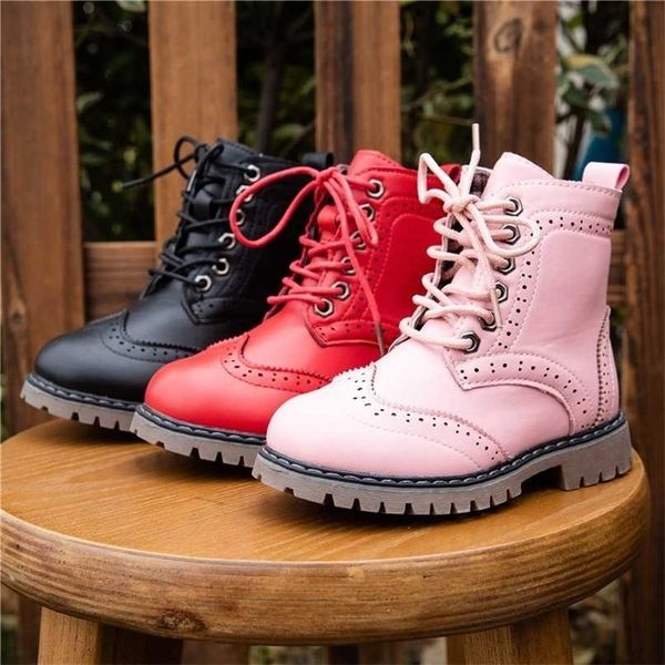 

winter kids boots girls leather shoes solid color fashion children ankle non-slip warm size 26-36 sj034 211102, Black;grey