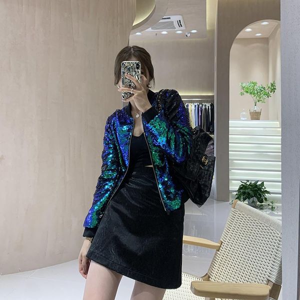 

women's jackets fashion stand collar gradient sequin female short baseball jacket autumn slim long sleeves women bomber casual streetwe, Black;brown
