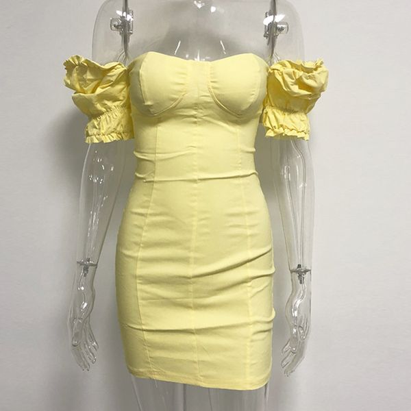 

Sexy Sexy Sweetheart Neck Puff Sleeves Yellow Dress Elegant Off Shoulder Short Sleeve Mini Cocktail Dress