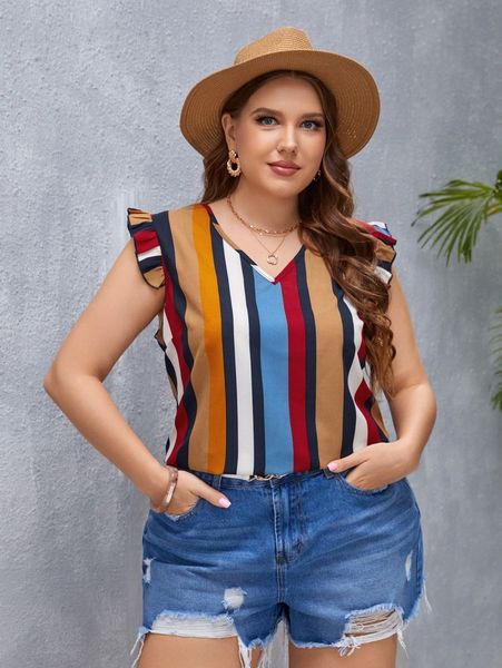 

plus block striped ruffle trim blouse d3zl#, Black