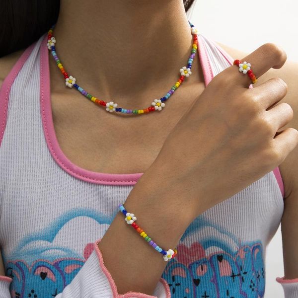 

chokers fashion bohemian style colorful rice beads necklaces for women jewelry set personality daisy flower wholesale, Golden;silver