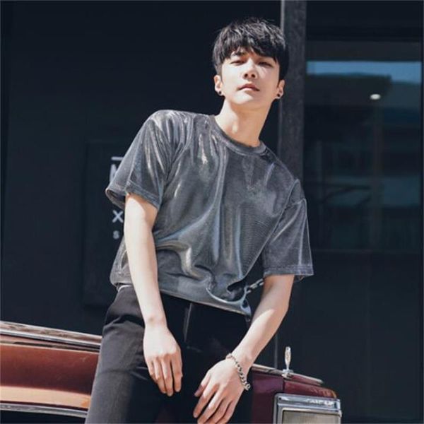 

men's t-shirts korean velvet short sleeves loose round collar men t shirt streetwear fashion casual hip hop homme blouses, White;black