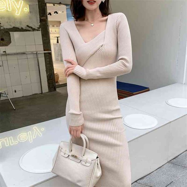 

women black sweater dress autumn winter long sleeve kink v neck bodycon es ladies elegant office knitted 210602, Black;gray