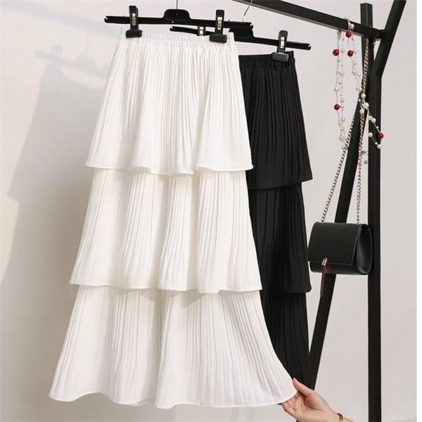 

[ewq] spring new sweet long soft layer skirt elastic waist princess ladies skirts chic lotus irregular leaf long skirts qv2 210310, Black