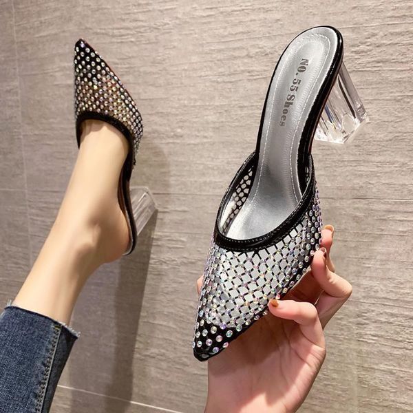 

slippers shoes woman 2021 pointed toe square heel glitter slides lady beige heeled sandals casual low shallow block jelly girl b, Black