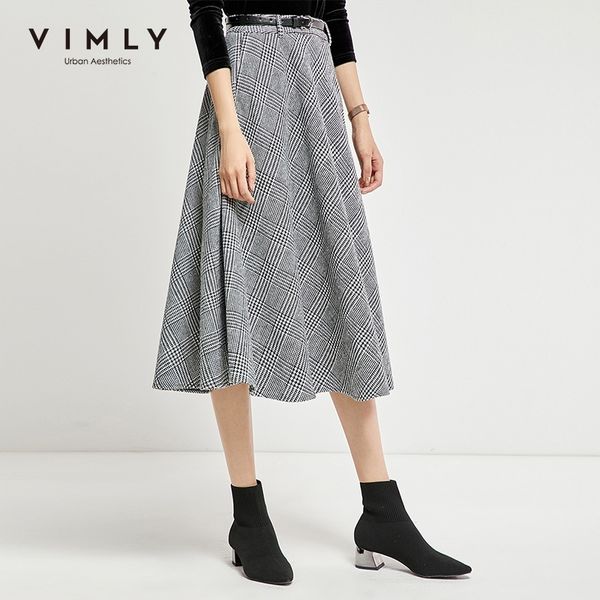 

vimly spring autumn women plaid skirt office lady elegant high waist zipper belt mid calf vintage female a line skrit 98897 210309, Black