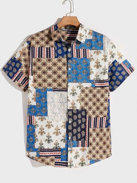 

romwe guys patchwork button front shirt k9iu#, White;black