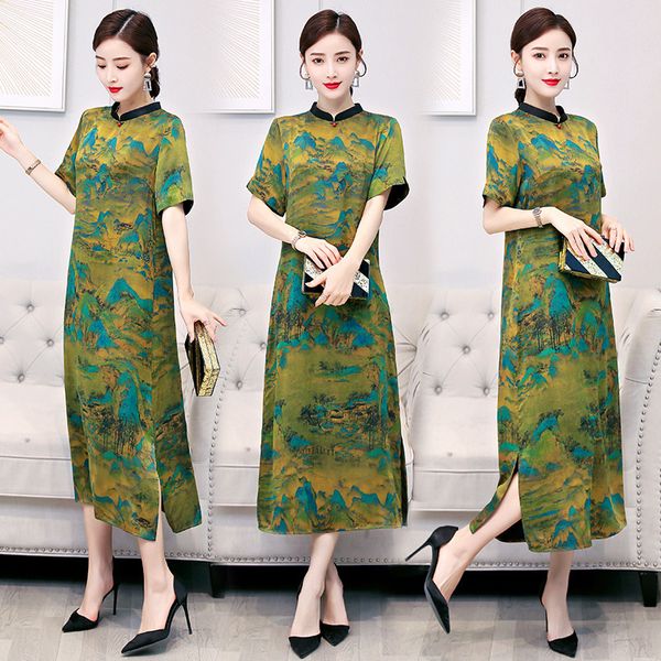 

luxury cheongsam improved cheongsam fragrant cloud gauze women's elegant 2021 summer hangzhou drs mulberry silk, Blue;red