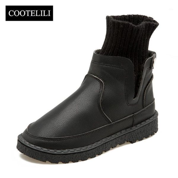 

boots women ankle slip-on fashion shoes woman pu leather flats autumn winter knitted socks ladies 35-401, Black