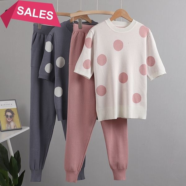 

new spring 2021 polka dot printed 2 piece set women short sleeve knitted sweater female + pants suit summer tracksuits 9glc, White;black