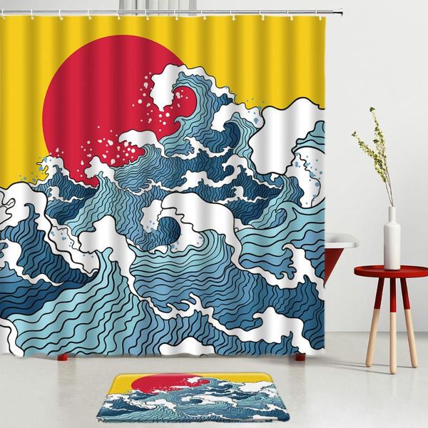 

shower curtains waves printing set red sun bath screens mats bathroom rugs room decoration entrance door carpets