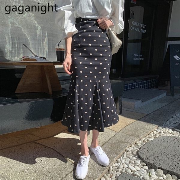 

gaganight ladies slim bodycon skirt vintage polka dot print mermaid jupe fashion high waist women long skirt summer 210310, Black