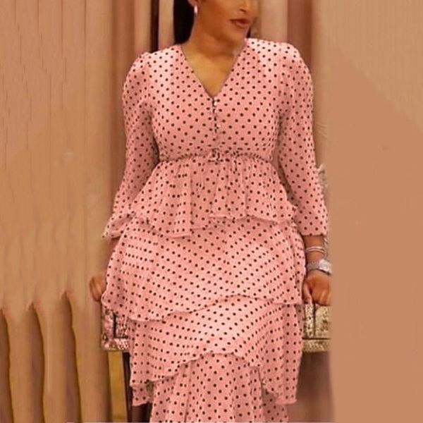 

casual dresses african for ladies 2021 ruffles v neck dot printed high waist mid calf elegant business work office wear dress, Black;gray