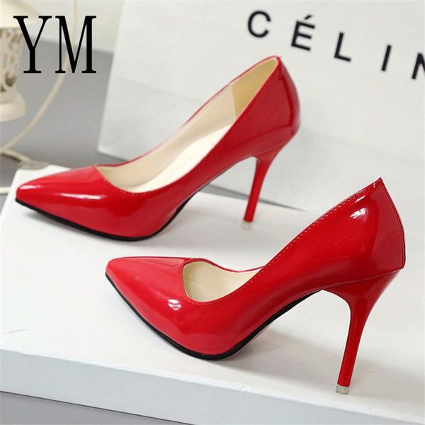 

dress shoes low price women pointed toe pumps patent leather high heels boat wedding zapatos mujer 8.5/4cm, Black