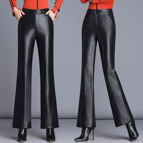 

2021 autumn women faux leather suit pants high waist wide leg flare pants sashes pockets office ladies pu leather trousers z05, Black;white
