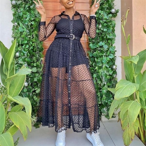 

women long mesh shirt dress polka dot see through black transparent tulle african fashion spring female robes tunic plus size xl 210311, Black;gray