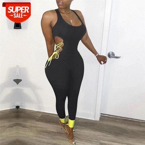 

Hollow Out Lace-up Jumpsuit Rompers Trousers 2020 Sexy Women Sleeveless Sports Causal Summer Pants Jumpsuit Pure Color #ft14, White