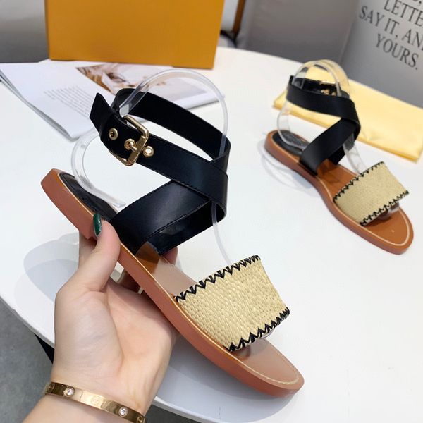 

2021 women sandals classic letters buckle flower flats ankle strap sandals temperament gladiator sandal woman casual flat shoes size 35-42, Black