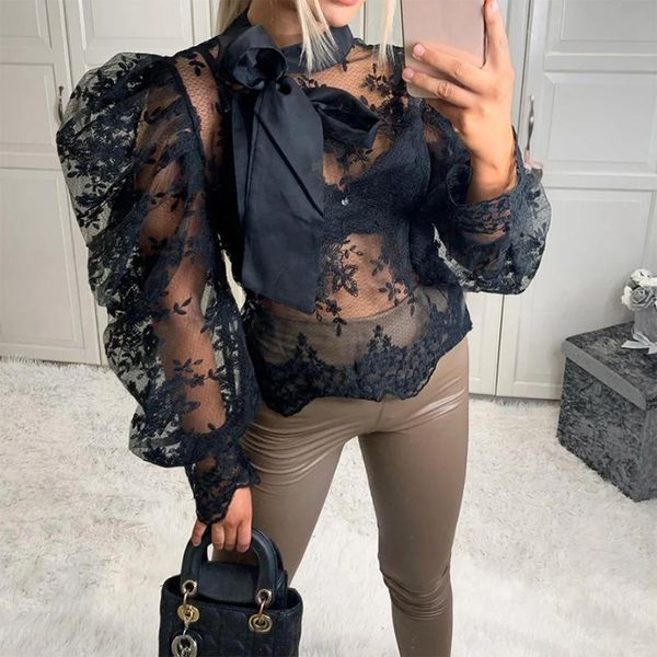 

women sheer mesh blouse puff long sleeve 2021 new stylish female shirts see-through clubwear plus size black white colors