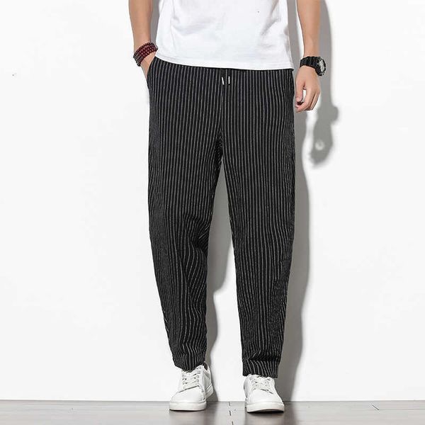 

men's pants cotton linen striped men harem fashion korean style hip hop streetwear mens jogger casual male trousers 1qtw p1lj, Black