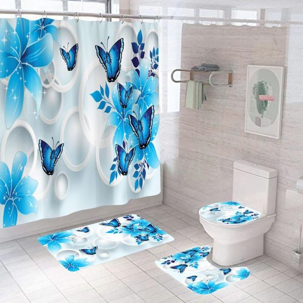 

shower curtains blue butterfly flower curtain with non slip rug mat bathroom waterproof polyester hooks