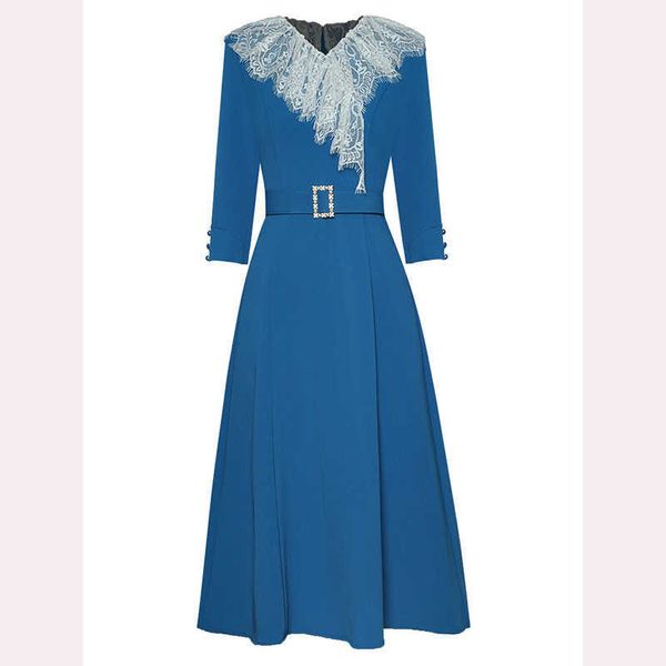 

est fashion runway dress women's v-neck lace trim mid-length 210526, Black;gray