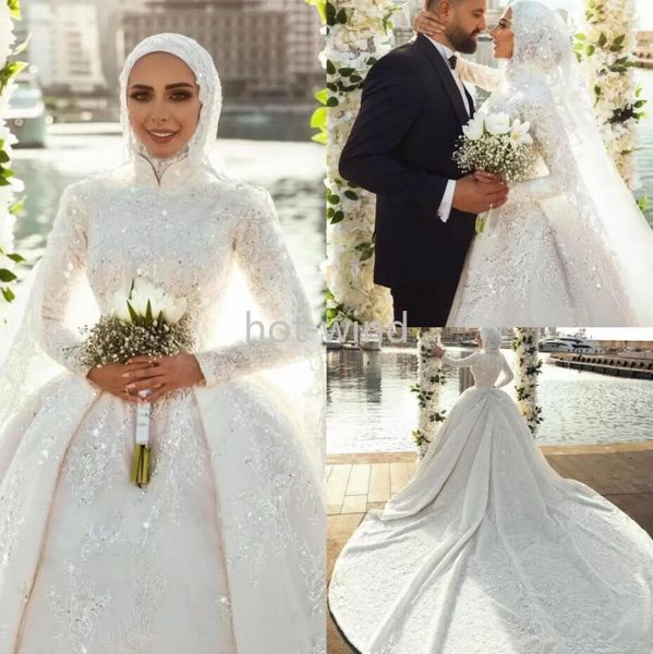 Muslim 2022 Brautkleider Brautkleider Spitze Applizierte Pailletten Langarm Vintage Plus Größe Elegante Vestido de Noiva EE