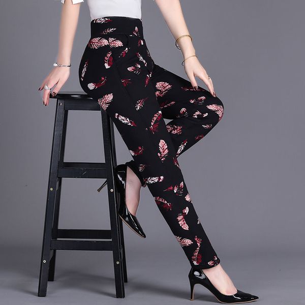 

women 2021 winter new fashion veet warm leggings female plus size printing flowers casual slim stretch pant trousers a347d7px, Black