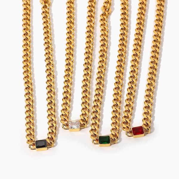 

pendant necklaces rectangle colorful zircon six-sided polished cuban chain necklace for women 18k gold plated stainless steel choker, Silver