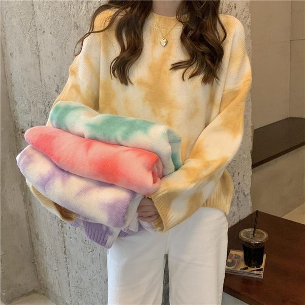 

women's sweaters autumn/winter 2021 gentle wind tie-dye loose casual basic student pullover long-sleeved knitted sweater clothing, White;black