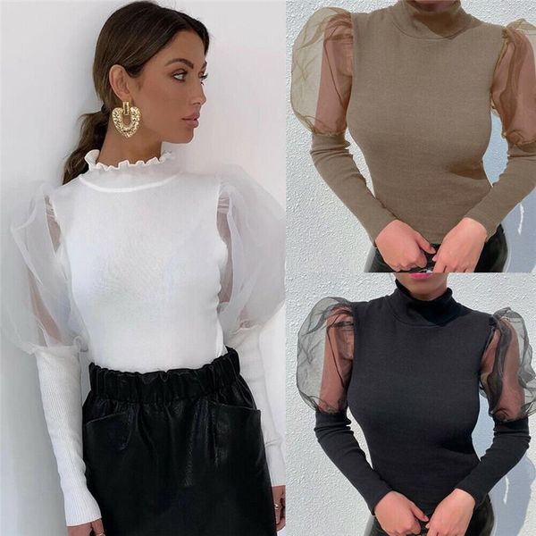

women's blouses & shirts women puff sleeve mesh see through patchwork shirt blouse pullover party loose jumper turtleneck outwear, White