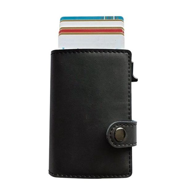 

card holders 2021 men women aluminum alloy side push rfid case mini genuine leather wallet vintage business, Brown;gray